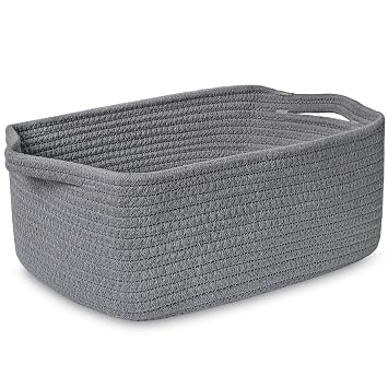 ABenkle Small Storage Basket with Handles, Cotton Rope Woven Dog Cat Toy Bin, Decorative Shelves Closet Organizing for Nursery Laundry Bedroom Bathroom, 14.2x 11x 5.1