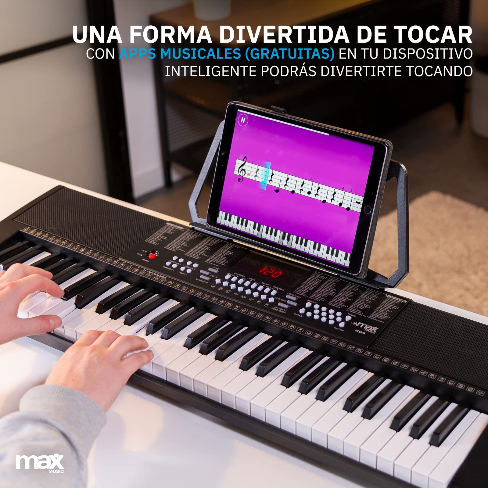MAX KB4 Teclado Piano 61 teclas, con Pantalla LCD, Función de Grabación, 2 Altavoces Integrados, Salida de Auriculares, Entrada de Micrófono y Audio, Teclado Piano Principiantes o Piano Infantil