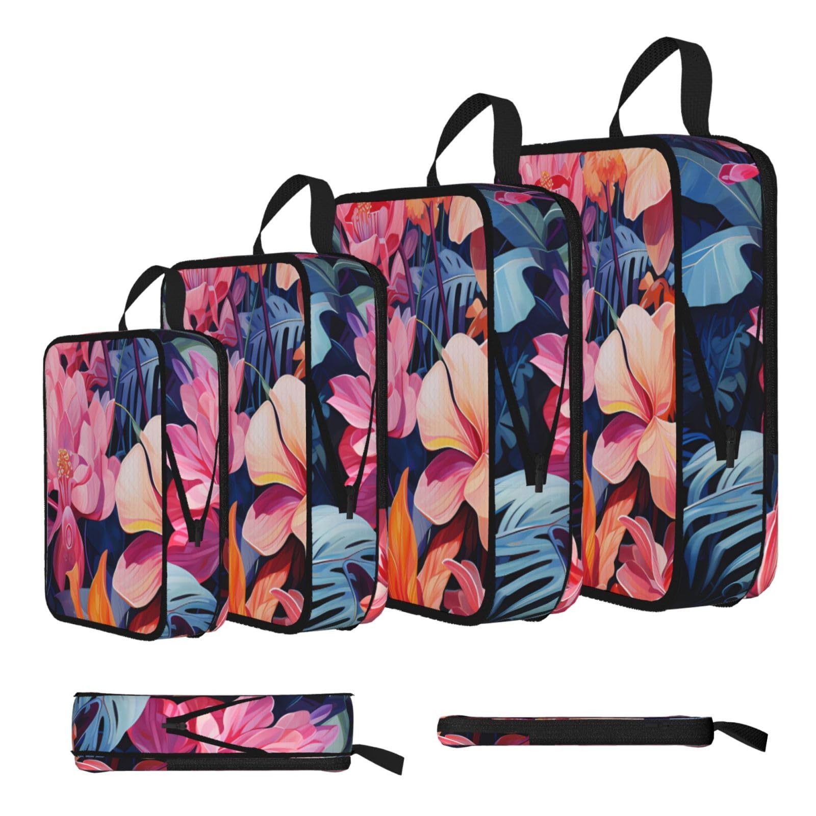 Sxzvvbn Black Colorful Tropical Plant Leaves Compression Packing Cubes 4 Piece Set