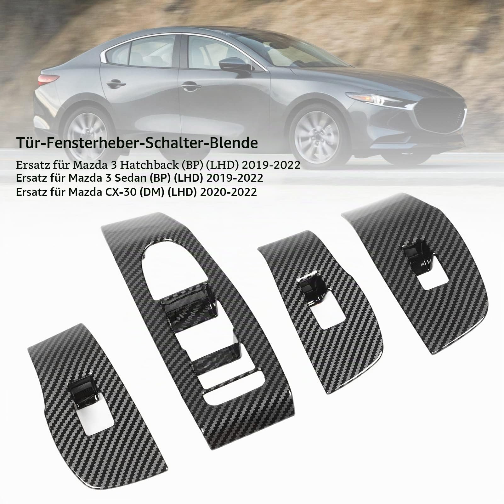 Fensterheber Schalterblende 4 Stück, Carbon Optik, für 3 Schrägheck Limousine CX30, Innenraum Dekor Ersatz