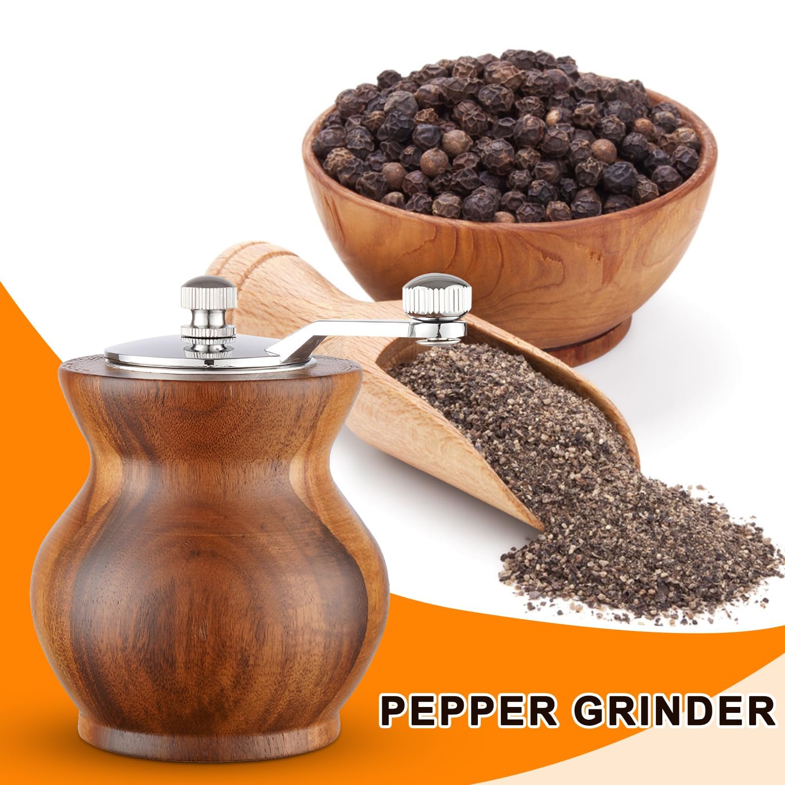 Molinillo de pimienta, molinillo de pimienta de madera clásico para cocina, molinillo de pimienta manual de madera y acrílico, molinillo de sal de manivela con grosor ajustable, ideal para 7