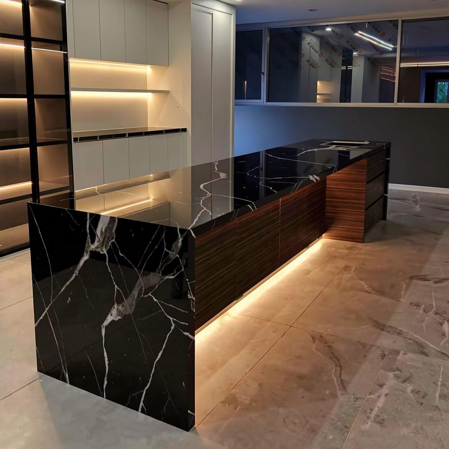 Kitchen Island with Storage - Kitchen Island Table with Under Cabinet LED Lighting, Modern Dinner Table Includes Sturdy Wooden Base,Integrated Power Outlets (56IN No Chairs)