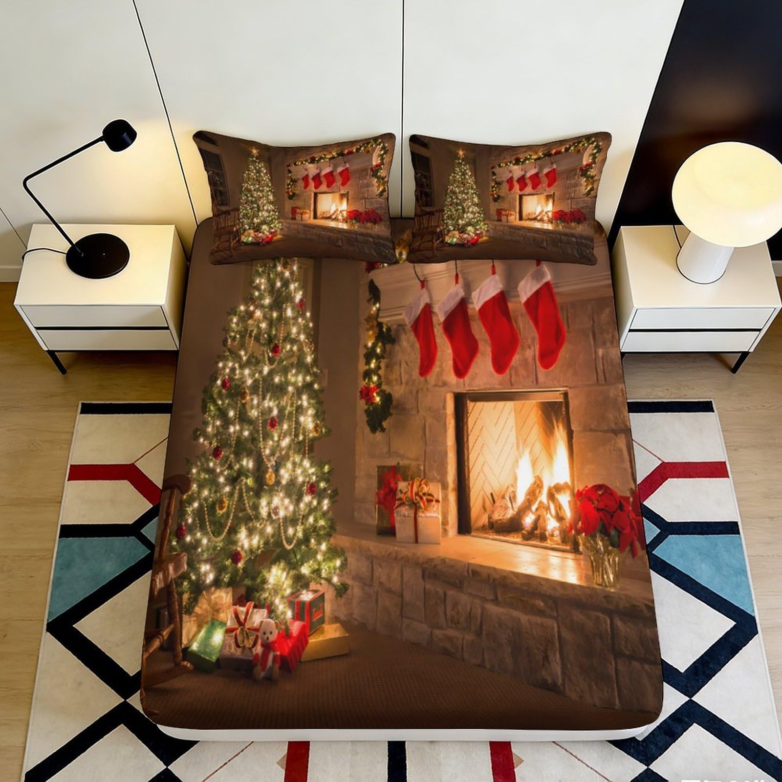 3D Printed Christmas Fireplace Fitted Sheet Microfiber Soft Breathable Holiday Bed Cover for Bedroom Dormitory Guest Room Mattress Protection 200x200x25cm