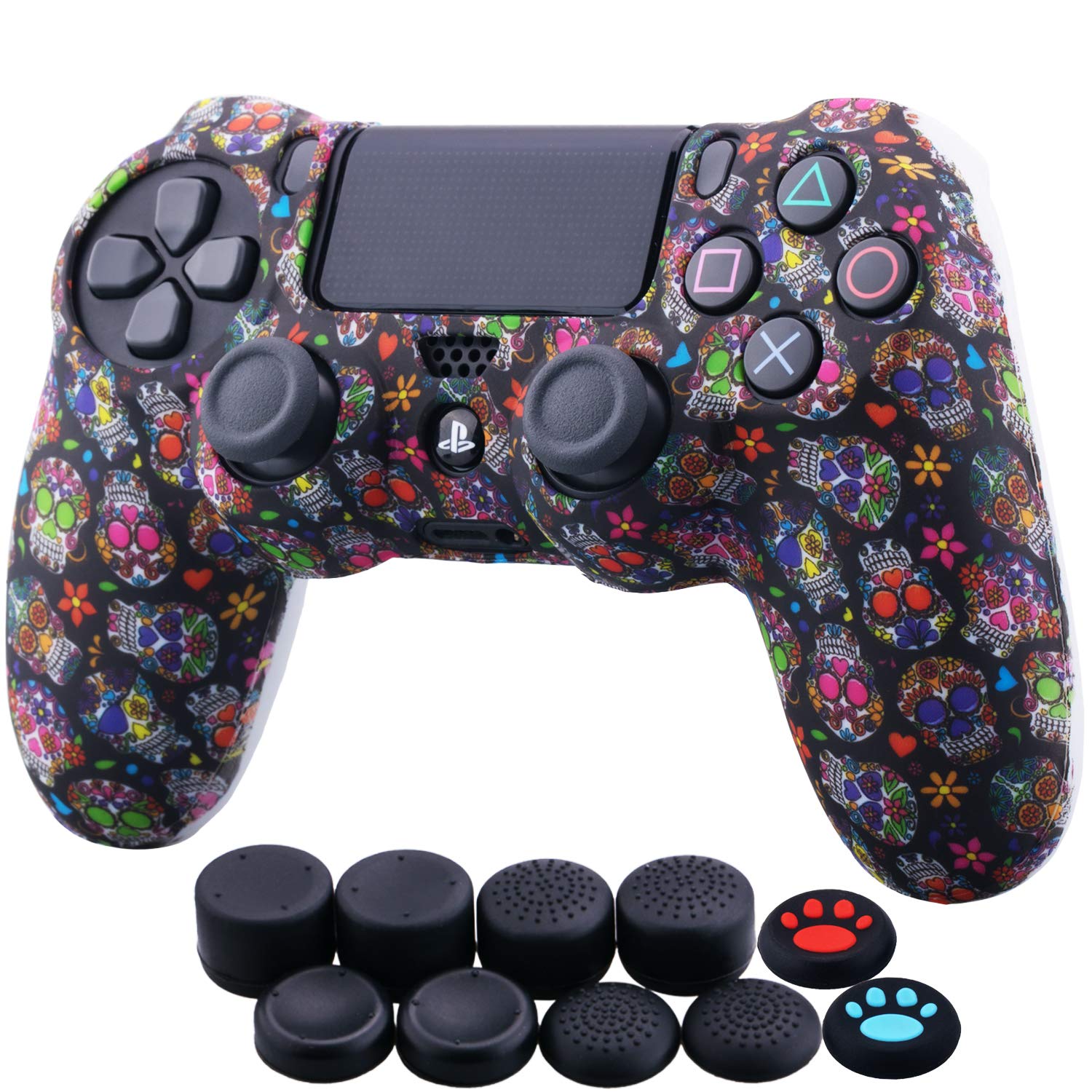 YoRHa Water Transfer Printing Camouflage Silicone Cover Skin Case for PS4/slim/Pro Controller x 1(Skull Graffiti) With Pro thumb grips x 8 — view 11