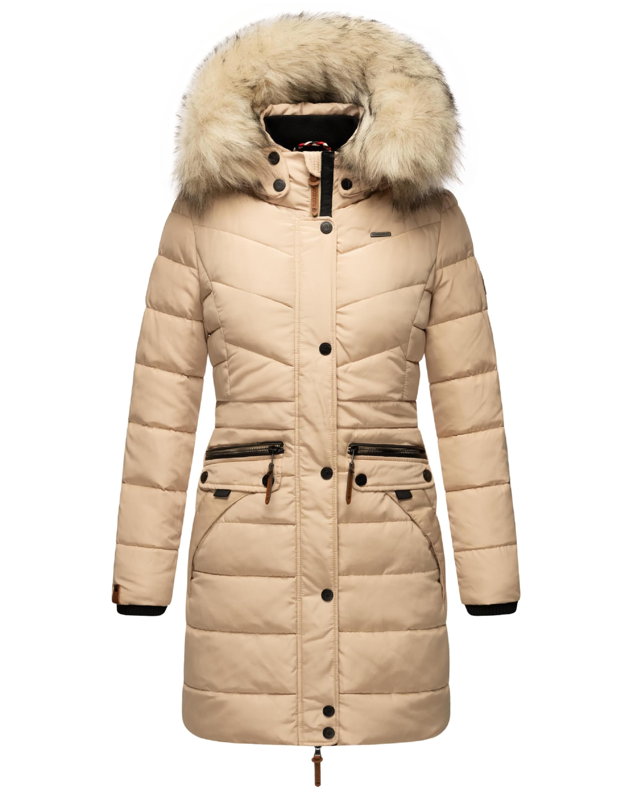 Navahoo Women's Beige Paula Winter Coat, Warm, Quilted Coat, Long, With Removable Faux Fur Hood, Xs - 5XL, S