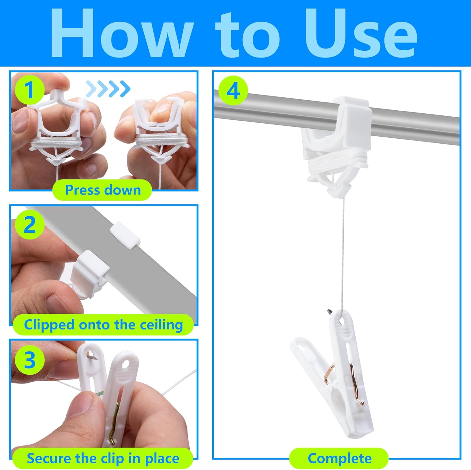 RUBII 60 Set Ceiling Hanger Grip Clips, Reusable Drop Ceiling Hooks for Hanging, White Ceiling Hanger Clips for Classroom Office Hanging Drop Grid Decor
