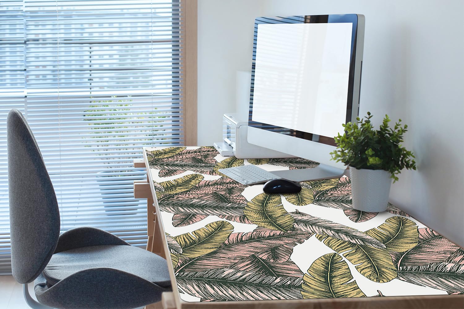 Tappetino da Scrivania 120x60 cm Facile da Pulire Antiscivolo Superficie Protettiva Protezione e Decorazione in Vinile PVC per Ufficio e Casa Impermeabile - Foglie di banano