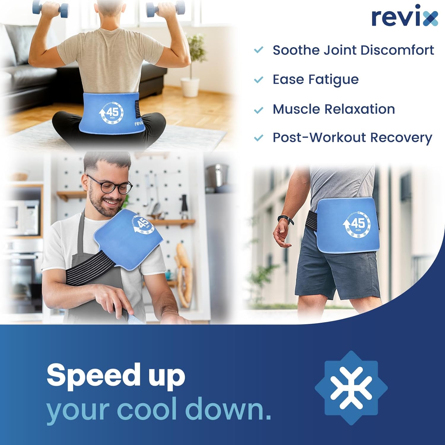 REVIX Large Ice Packs for Injuries Reusable (16 × 9") with Elastic Strap, 45-Minute Long-Lasting Cold Therapy with Ice Grid Gel Design, Multi-Purpose Flexible Gel Cold Pack for Knee, Shoulder, Back