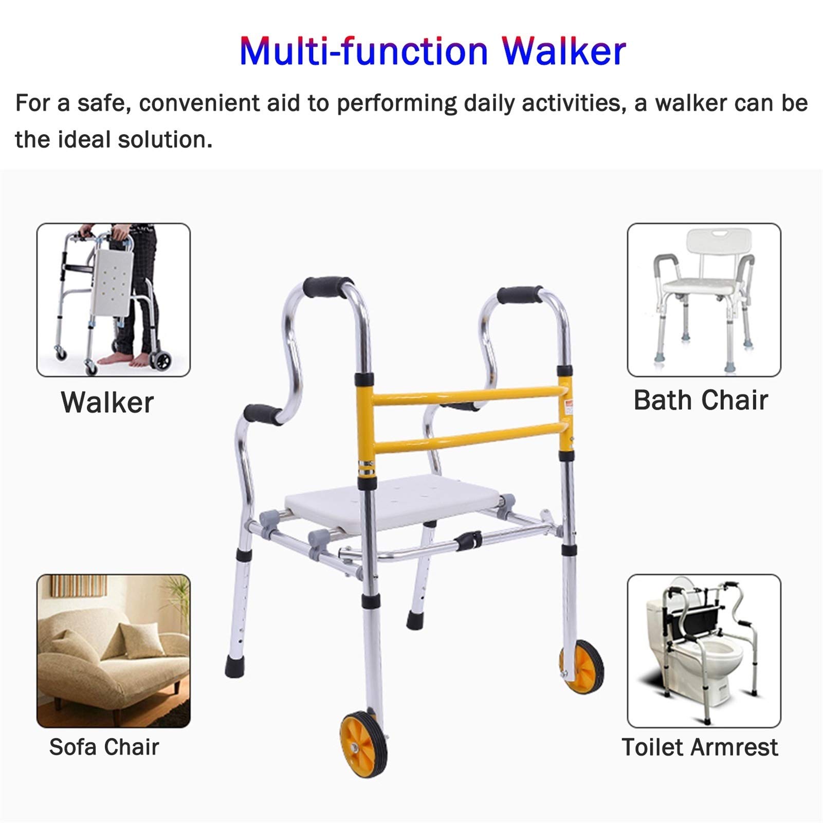 Andador Plegable Regolable En Altura, Andador para Ancianos con Cesta, Ligero Y Resistente, Ideal para Uso Interior Y Exterior (Walker+2 Wheels+Seat)