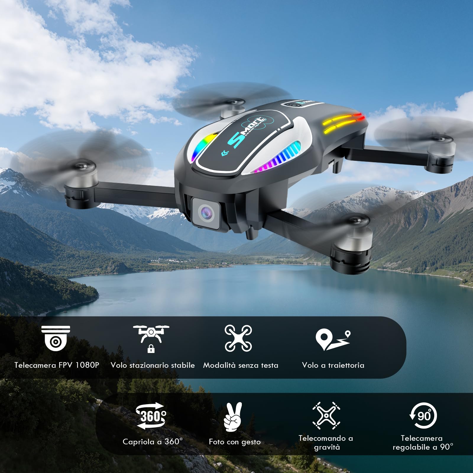 Drone pieghevole con fotocamera 1080P, flusso ottico e 2 batterie