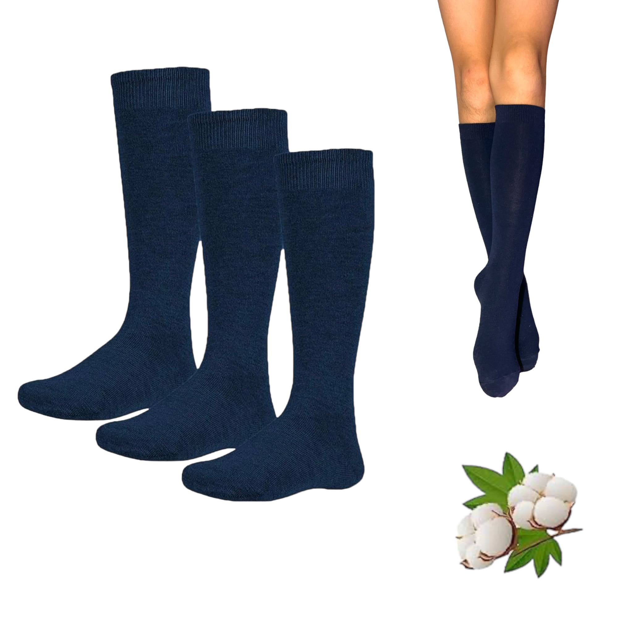 NAGAD 3 Pares de calcetines altos niña o niño para uniforme escolar- Medias para niños a la rodilla- Calcetines largos colegio-Calcetin algodon azul marino