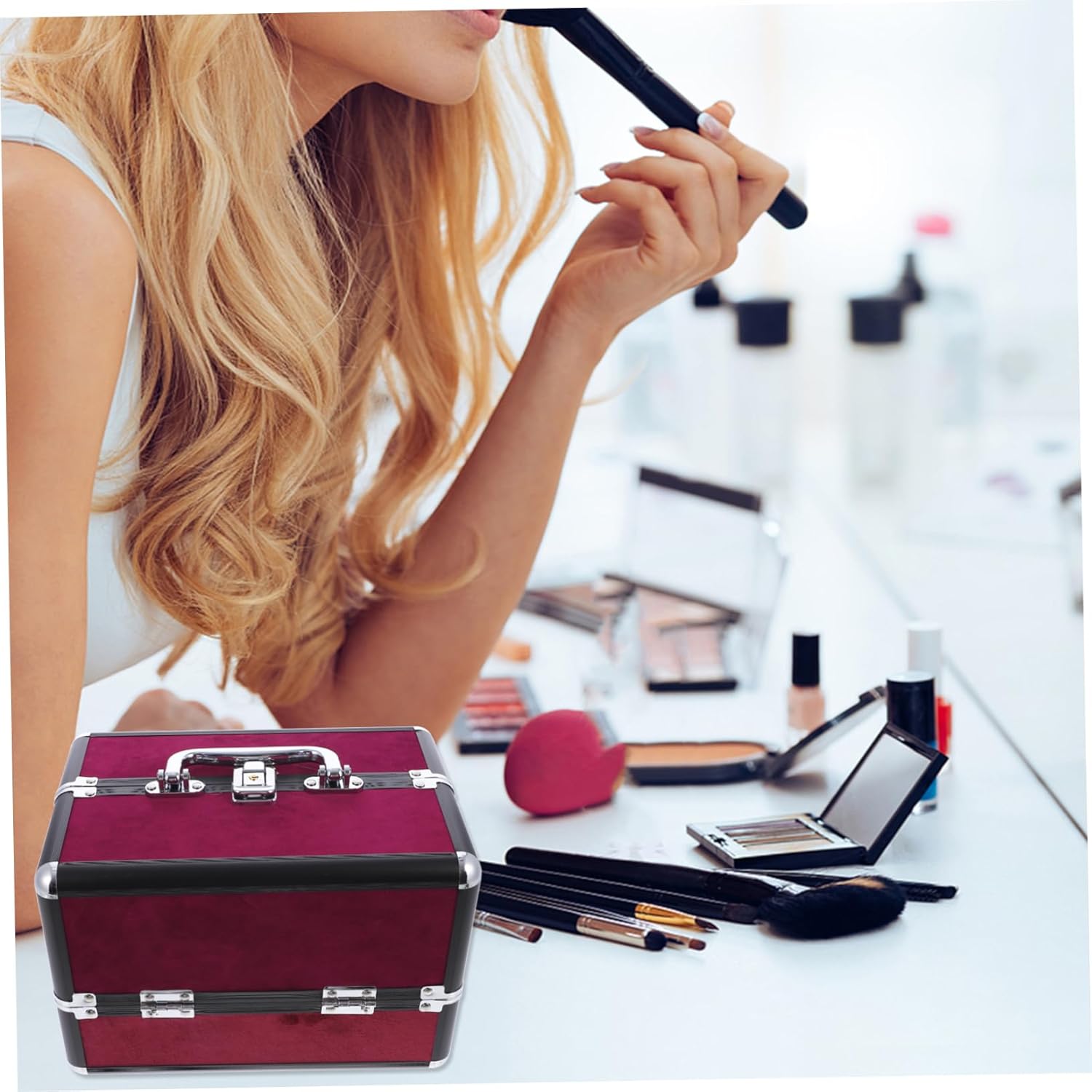 1pc Multi-purpose Aluminum Makeup Case Portable Storage Organizer for Cosmetics Travel Essentials and Beauty Tools Lightweight Design Burgundy and Black