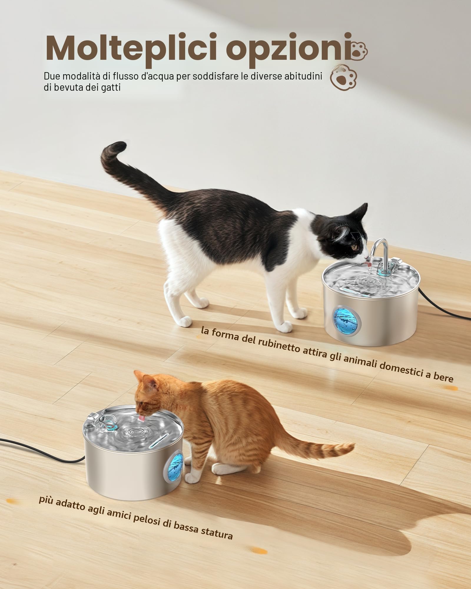 Fontanella per Gatti Acciaio: 2.2L Fontana per Gatti - Non include l'adattatore EU - Automatico Fontanella Gatto - Super Silenzioso Dispenser Acqua Gatto - Distributore Cani - con un Set di Filtri