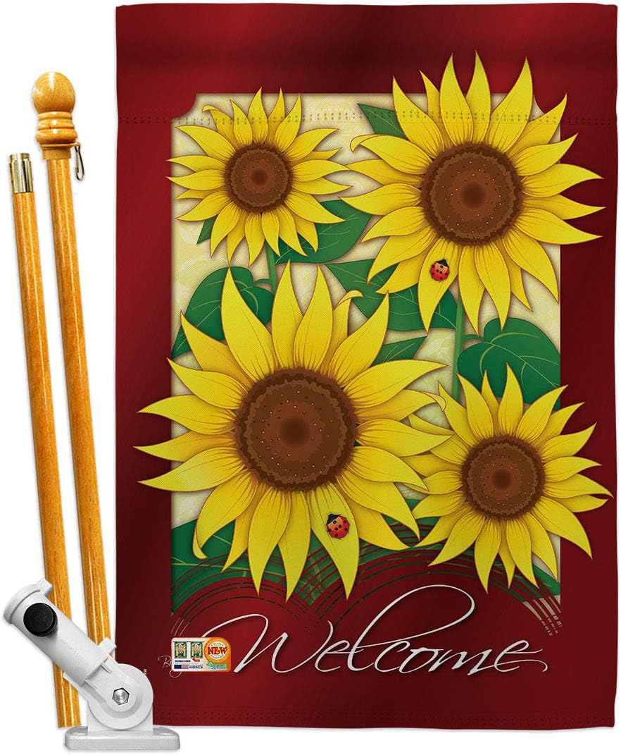 Welcome Sunflowers House Flag Garden Floral Sunflower Tulip Rose Orchid Lilies Season Springtime Flower Wreath Small Decorative Gift Yard Banner Made In USA 28 X 40