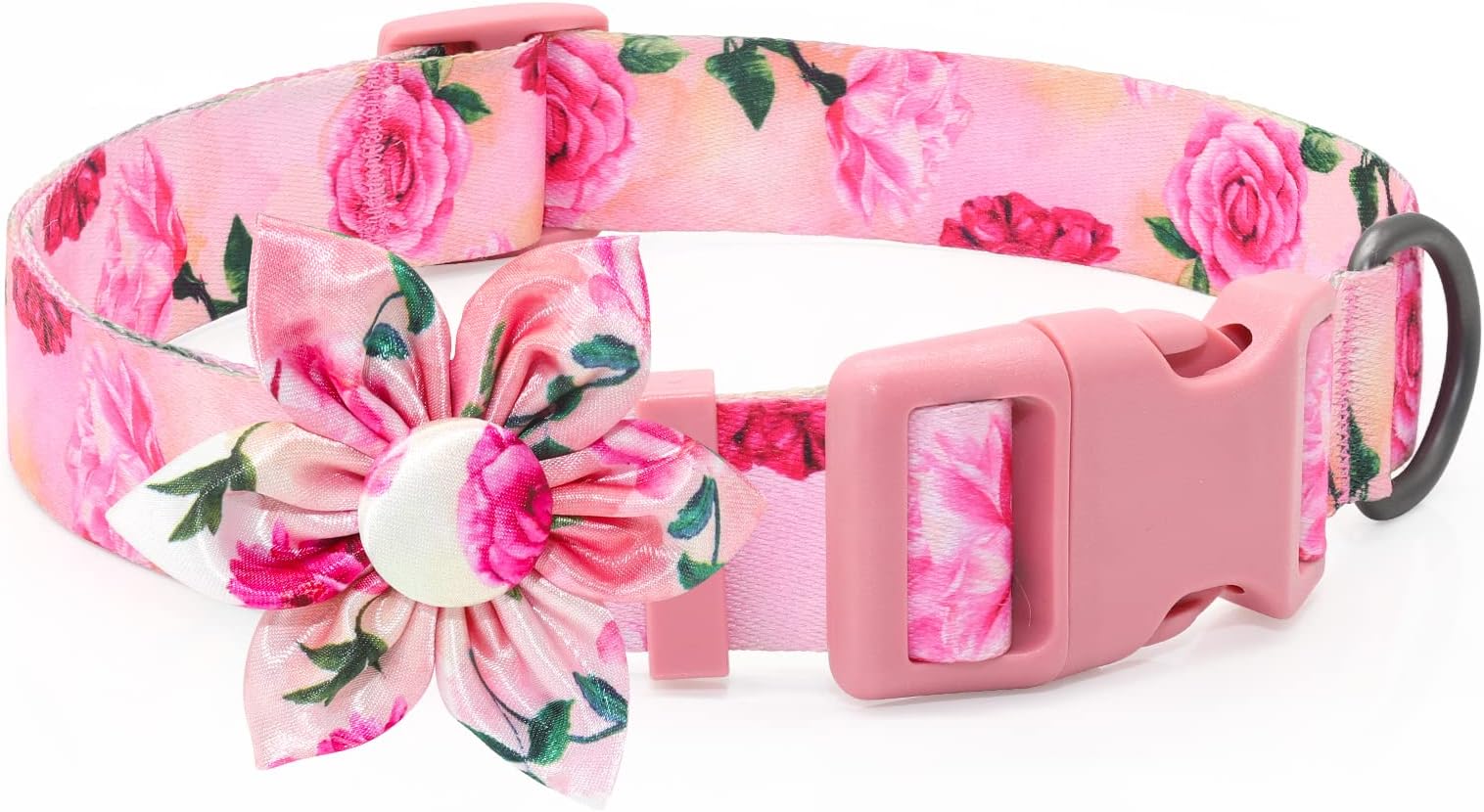 Pink Floral Girl Dog Collar with Rose Flower Bow Tie for Cute Girl Female Cats, Small Medium Large Dogs Spring Summer Season for Your Furbaby