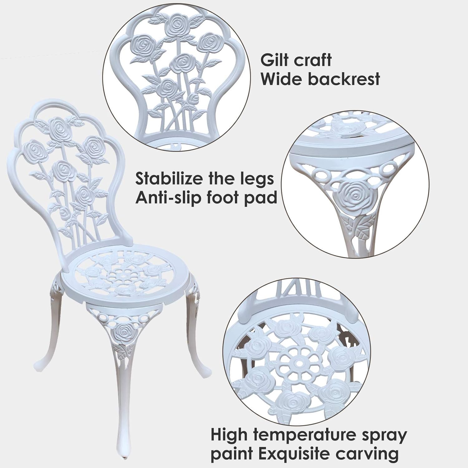 Bistro Table Set, Outrora 3 Piece Outdoor Patio Set Rust-Resistant Cast Aluminum White Rose Design Outdoor Table and Chairs Furniture with Umbrella Hole : Clothing, Shoes & Jewelry