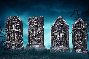 Sizonjoy Pack of 4 RIP Graveyard Foam Tombstones with 8 Stakes for Halloween Home Decoration