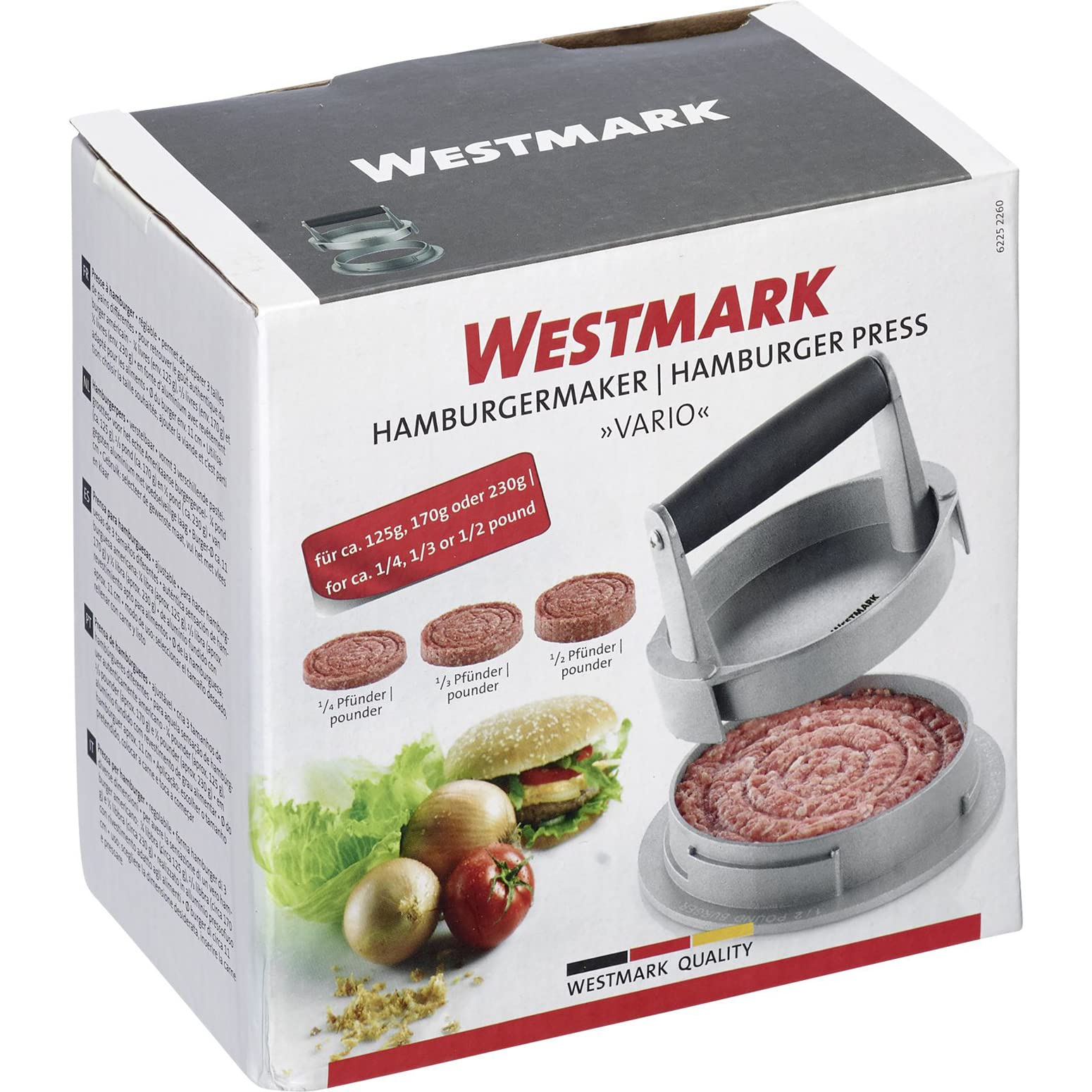 Westmark Hamburgermaker, regolabile per 3 diverse dimensioni Patty: 1/4 libbre, 1/3 libbre e 1/2 libbre, alluminio/plastica, Vario, argento/nero, 62252260