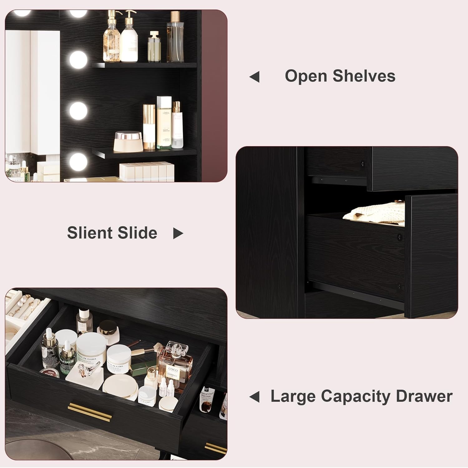 GAOMON Vanity Desk Table with Lighted Mirror 61“ Girls Makeup Vanity with 8 Stroge Drawers, 3 Colors Lighting Adjustable,Brightness Vanity Table for Women Bedroom Dressing Room