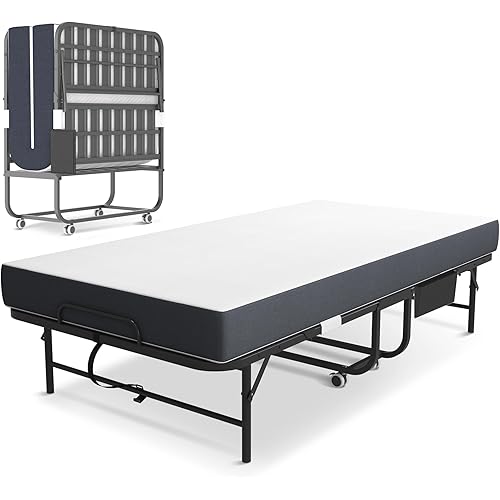 Folding Bed with Mattress for Adults, 75" x 31" Foldable Bed with Side Pocket, Twin Size Metal Bed Frame with Wheels, Portable Rollaway Bed for Guest, Travel