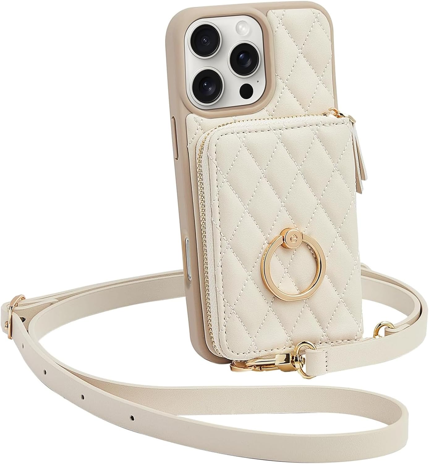 ZVE Wallet Case for iPhone 16 Pro Max with Card Holder, Ring Stand Crossbody Zipper Wallet Lanyard Case for iPhone 16 Pro Max 6.9 Inch-Beige