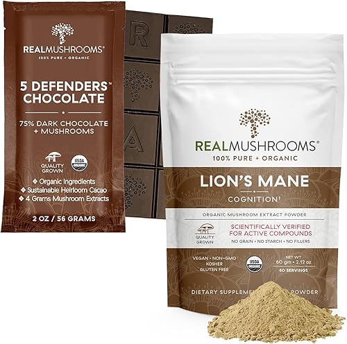 Real Mushrooms Suplemento orgánico en polvo de melena de león para cognición y apoyo inmunológico 60 porciones y 5 Defenders Chocolate 2 onzas con