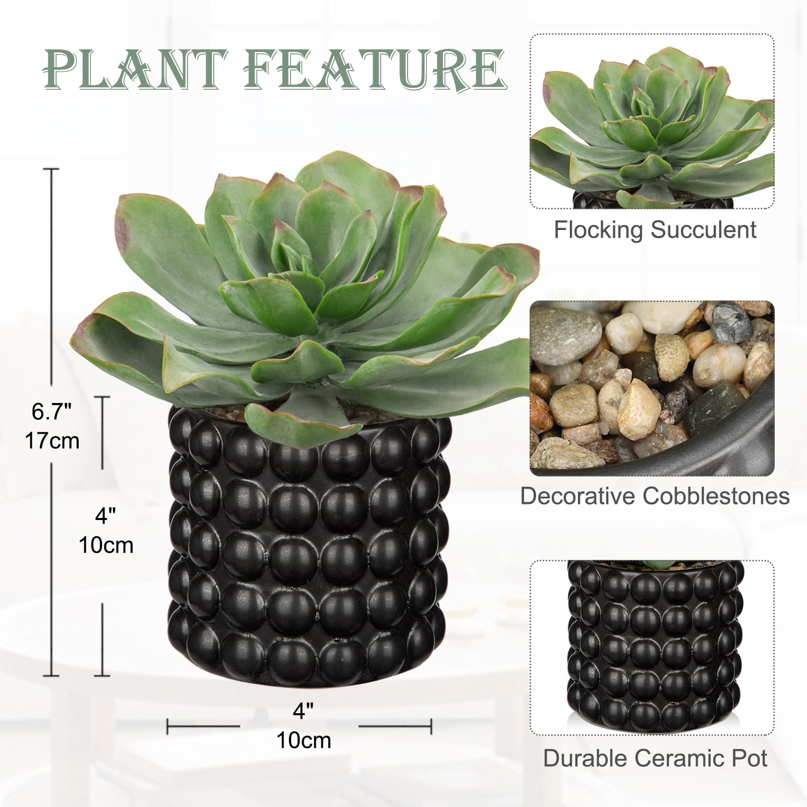 Hollyone Fake Succulents in Black Bubble Pot, 8.6'' Frosted Artificial Echeveria - Image 2