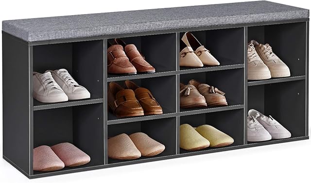 Multigot Shoe Bench, 10 Compartments Shoe Rack with Seat, Adjustable Shelf and Cushion, Hallway Storage Cabinet Organizer for Entryway Bedroom Living Room