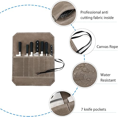 Miniatura 3 de HERSENT Chef’s Knife Roll Case, Waxed Canvas Cutlery Knives Holders Protectors, Home Kitchen Cooking Tools And Utensils Wrap Bag Wallet, 1.