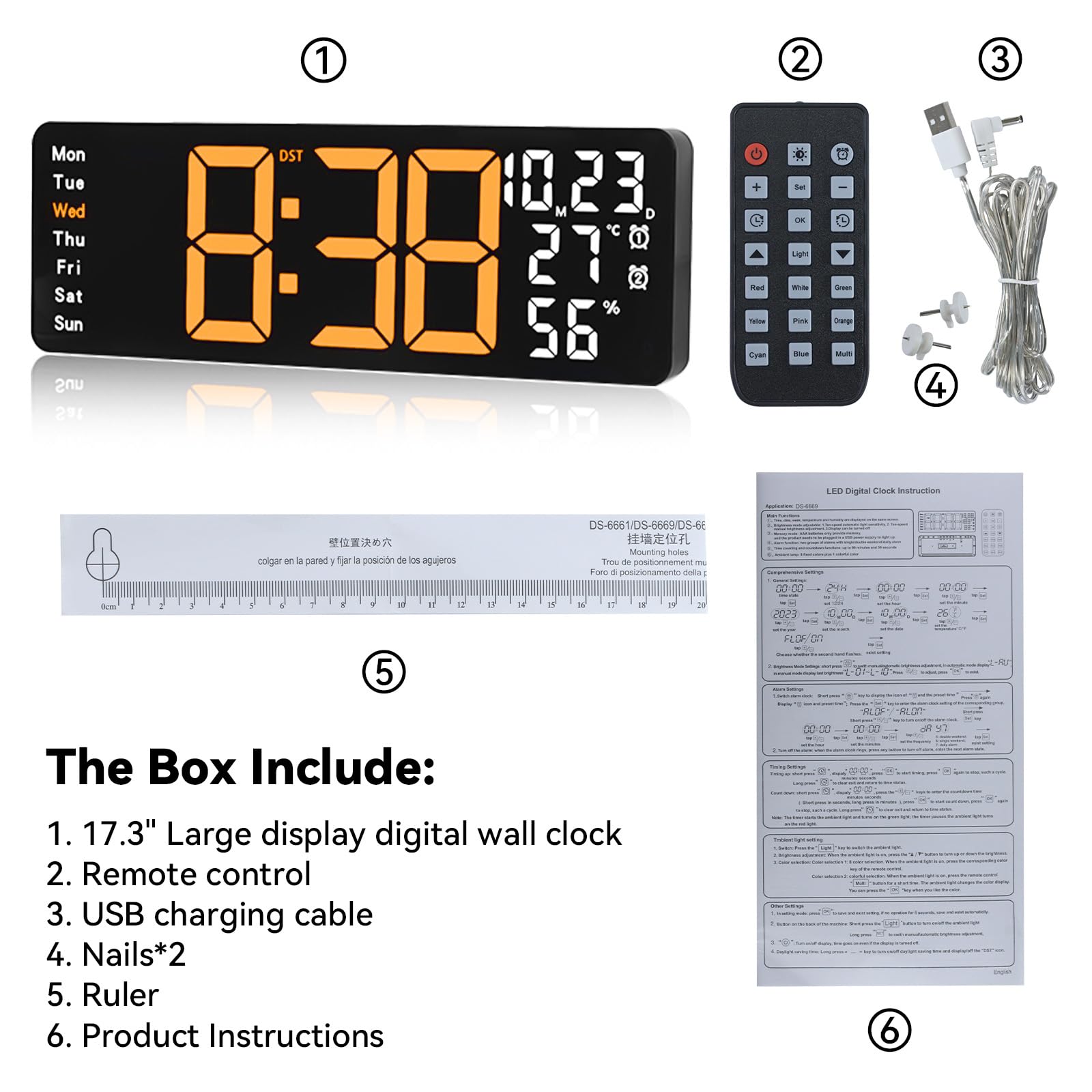 Digitale Wanduhr, großes Display, 43,9 cm (17,3 Zoll) Digitaluhr mit RGB-Farb-Fernbedienung, automatische Dimmung, große Wanduhr mit Nachtlicht, automatische DST, Datum, Woche, Temperatur für