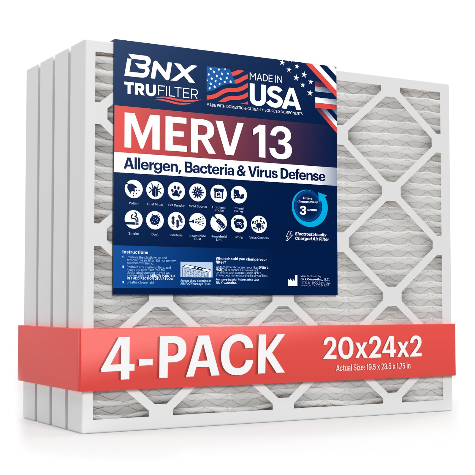 BNX TruFilter 20x24x2 Air Filter MERV 13 (4-Pack) - MADE IN USA - Electrostatic Pleated Air Conditioner HVAC AC Furnace Filters for Allergies, Pollen, Mold, Bacteria, Smoke, Allergen, MPR 1900 FPR 10