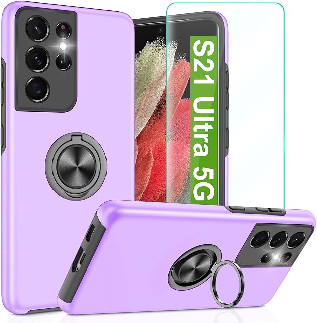 Pilaru for Galaxy S21 Ultra Case,[Upgraded Shockproof Airbag] Galaxy S21 Ultra Cover 6.8 inch with Ring Holder Protective Silicone Bumper Armour Phone Case for Samsung Galaxy S21 Ultra,Purple
