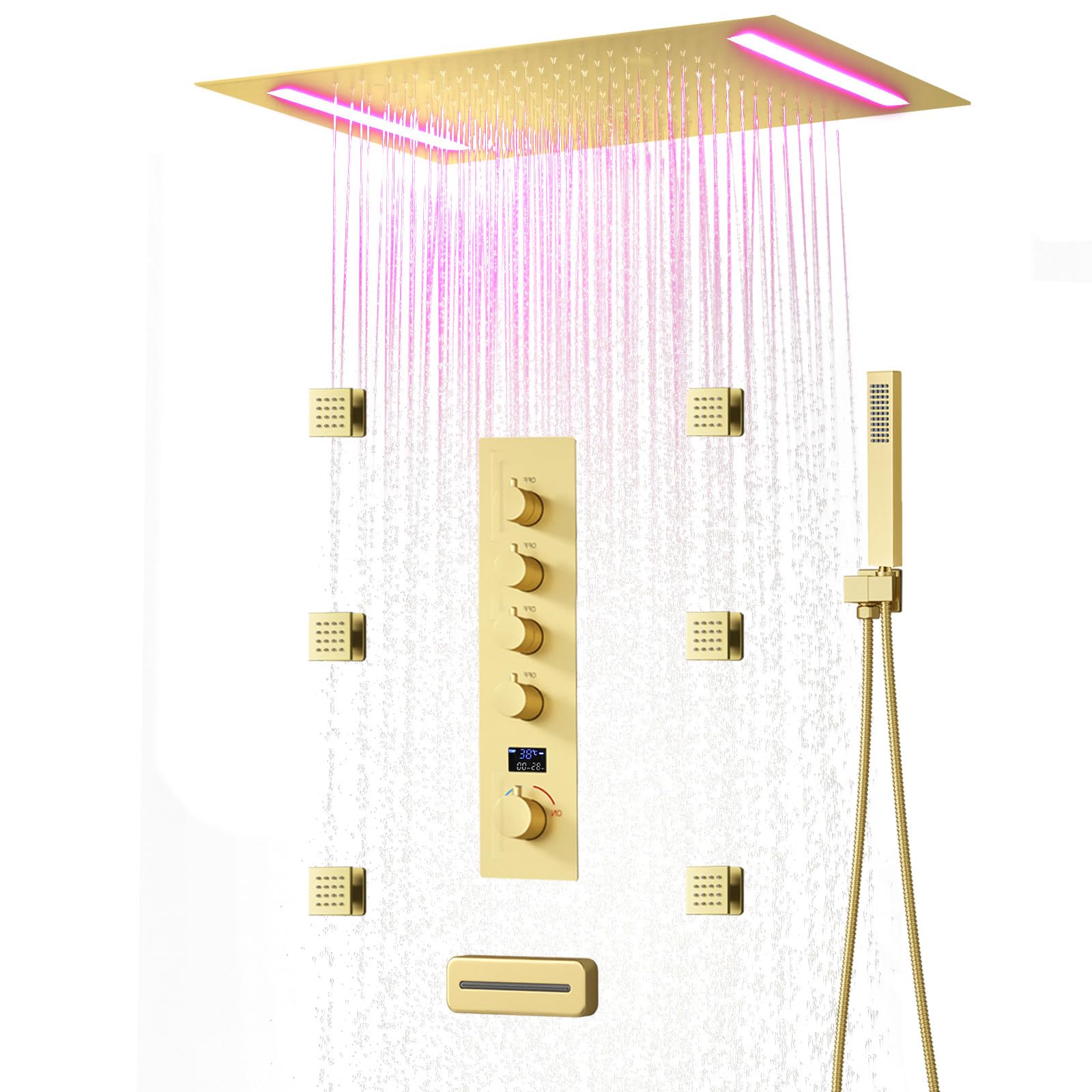 XJTNLB Colonna Doccia Incasso Soffione con Luce Led, Sistema Doccia Termostat con Display Digitale a Led e 6Pcs Getti SPA per Bagno, Oro Spazzolato