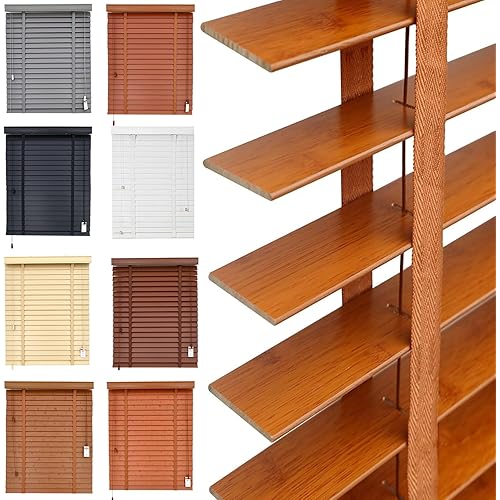Wood Blinds for Indoor Custom Cordless Horizontal Window Shades Privacy Blackout Faux Venetian Wooden Blinds 2 inch Slats Room Darkening for Kitchen, Living Room, Bathroom, Office