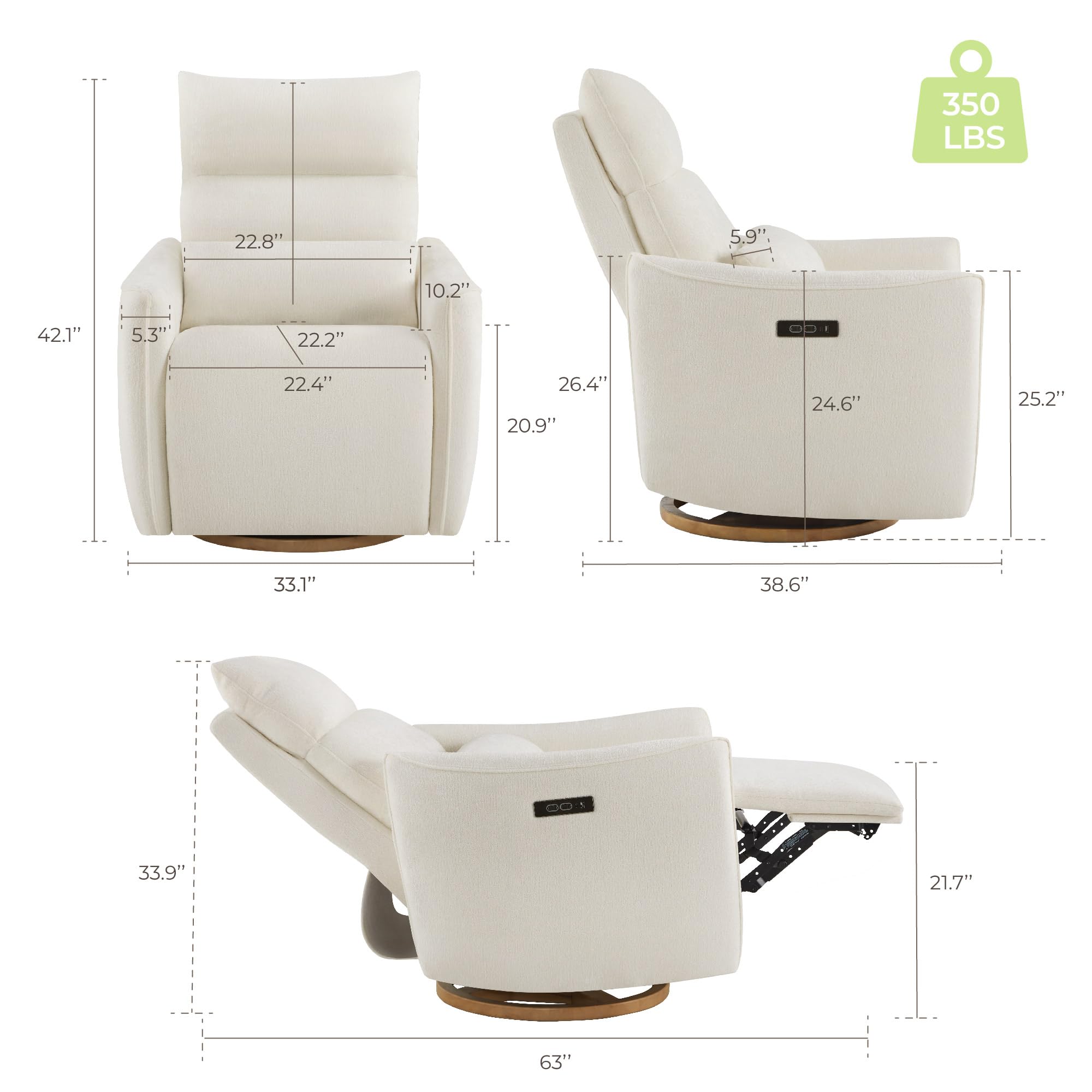 CHITA Swivel Rocker Recliner Chair, Power Nursery Glider Recliner, Nursery Rocking Chair with Adjustable Power Headrest, FSC Certified, Solid Wood Base, Cream