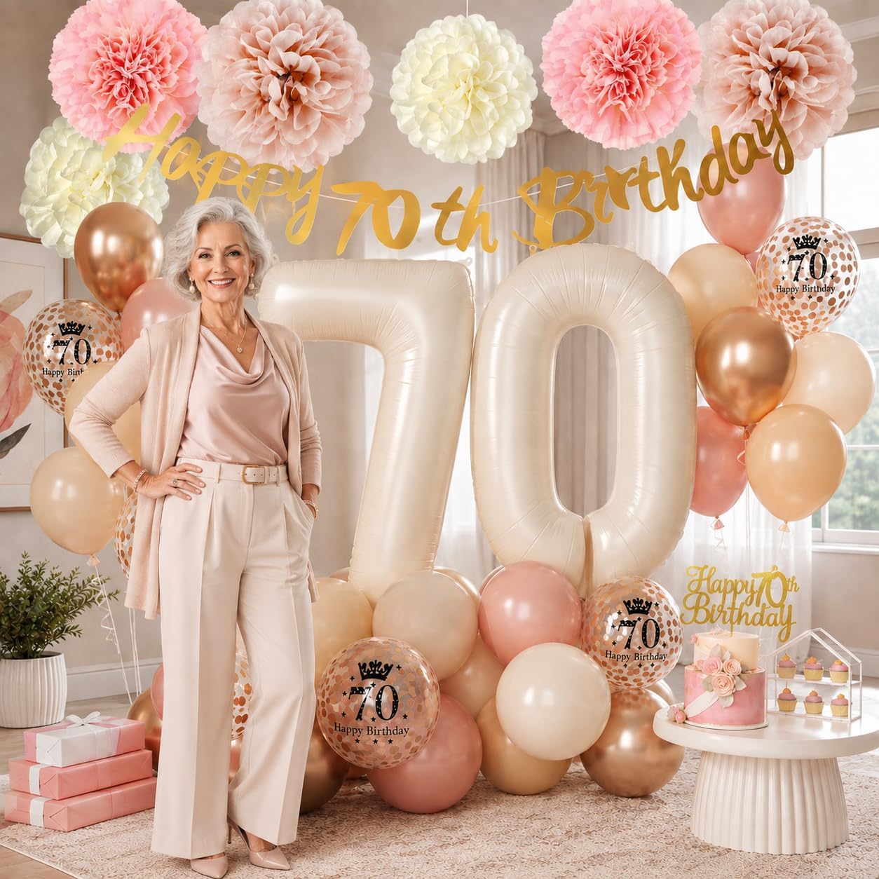 70th Birthday Decorations for Women, Retro Blush Pink Number 70 Balloons image 5
