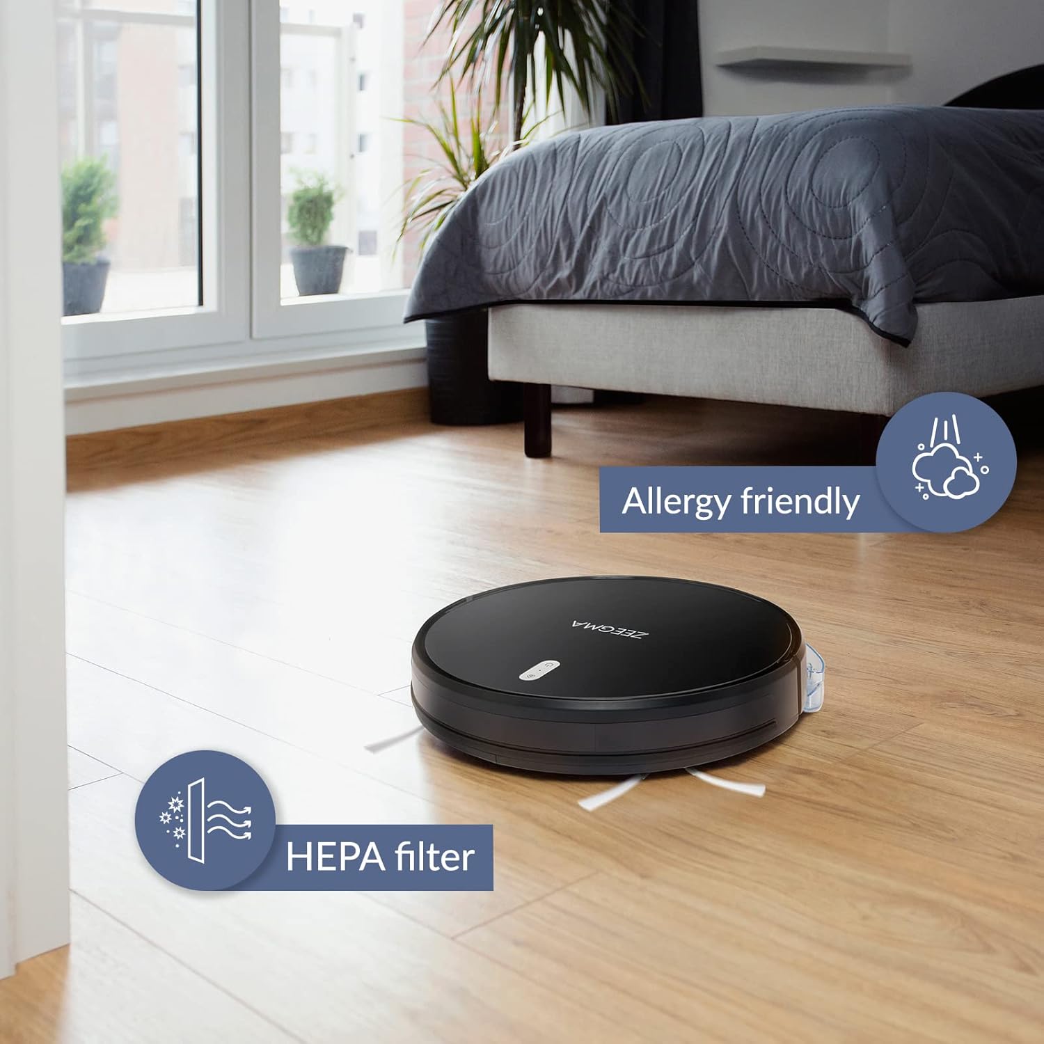 Robot vacuum on a wooden floor with allergy friendly and HEPA filter icons