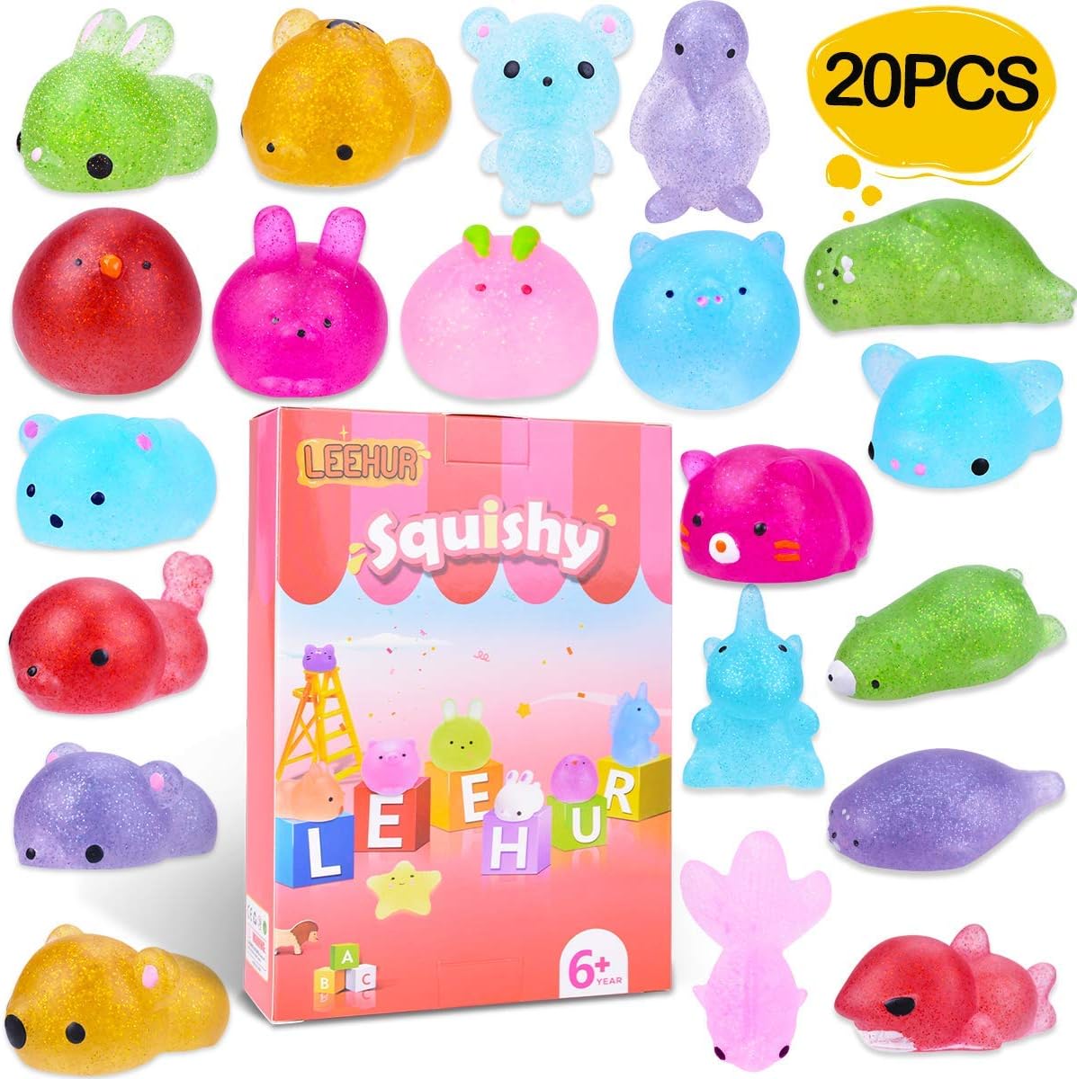 LEEHUR Birthday Party Favors 20pcs Mochi Glitter Squishies Toys Kids Mini Kawaii Animal Moj Moj Squishy Squeeze Adult Stress Reliever School Prizes for Girls Boys