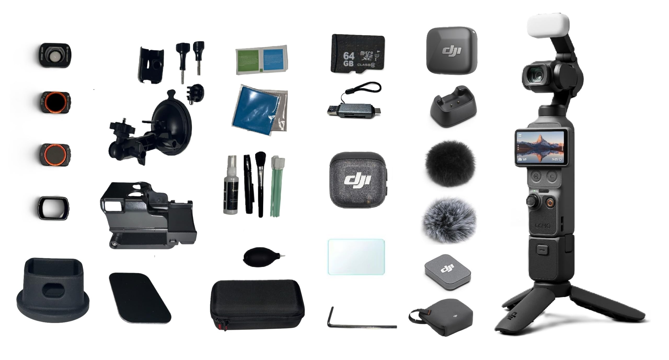 DJI Osmo Pocket 4 Creator Combo with Screen Protector, 64GB Card, Card Reader, Cleaning Kit, Filter Kit, Suction Mount, Magnetic Mount, Desktop Mount, Case, Mic Mini Transmitter, Ultimate Bundle