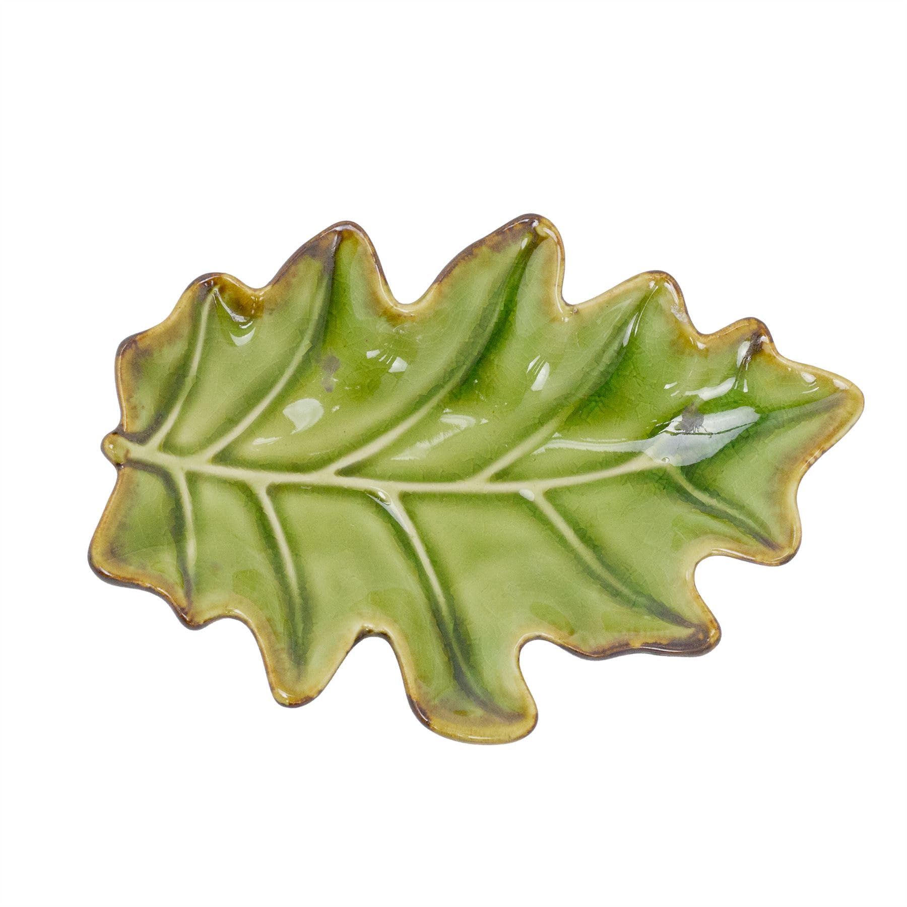 Carousel Home Green Oak Leaf Trinket Dish | 15Cm Rustic Ceramic Botanical Leaf Trinket Tray For Jewellery Keys & Home Decor