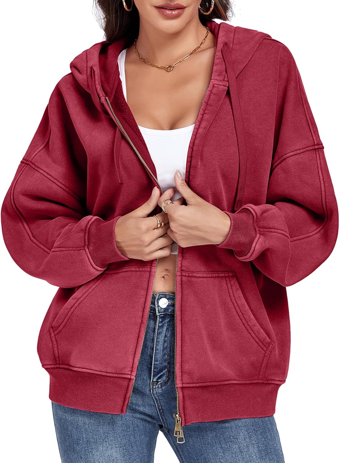 ALSOGO Womens Double Zip Up Oversized Hoodie Fleece Acid Wash Long Sleeve Sweatshirts Distressed Vintage Cotton Jackets - Image 3