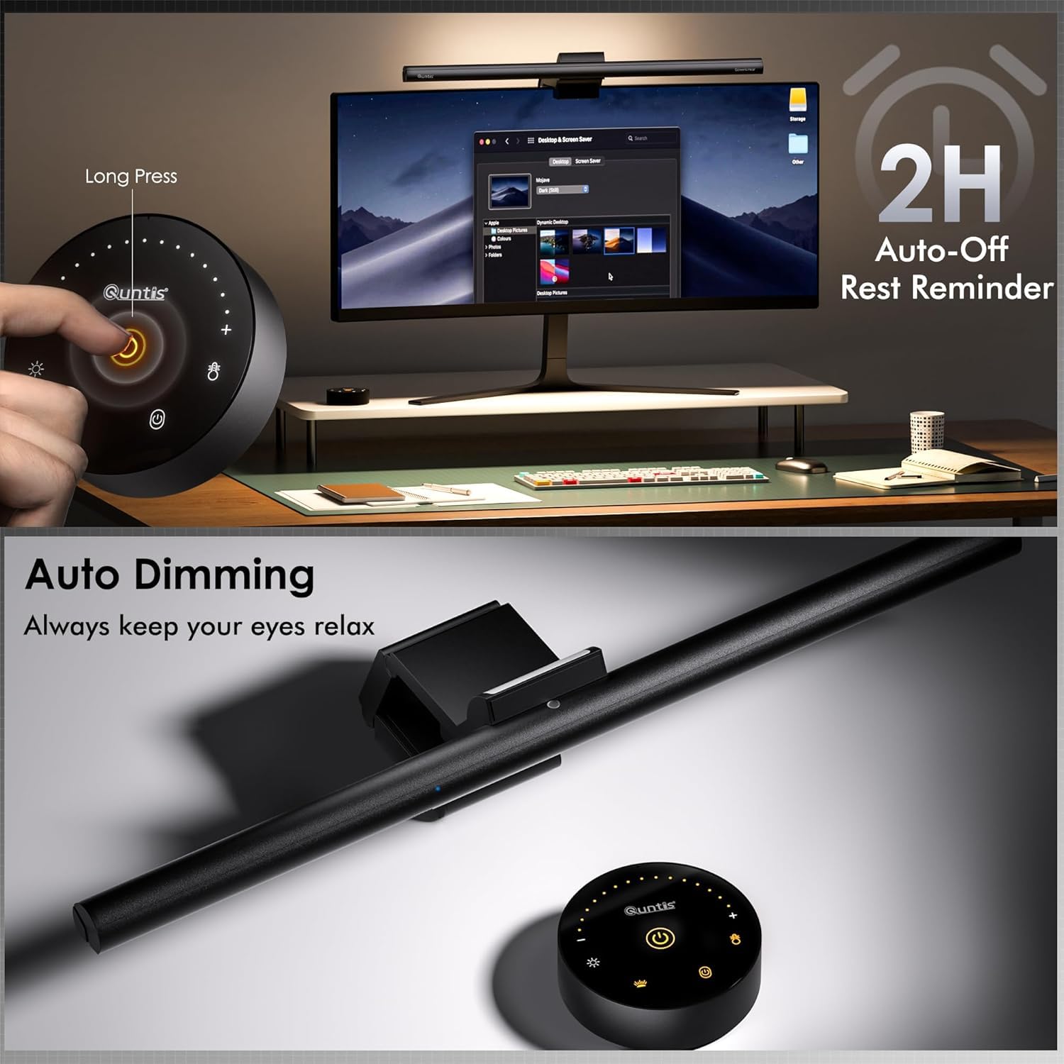 Quntis Lampara Monitor Curvo 42.5cm con Retroiluminación y Control Remoto | Luz Monitor Protección Ocular Anti Luz Azul, Regulable Lámpara PC Escritorio para Monitors Normales, Irregulares y Curvas