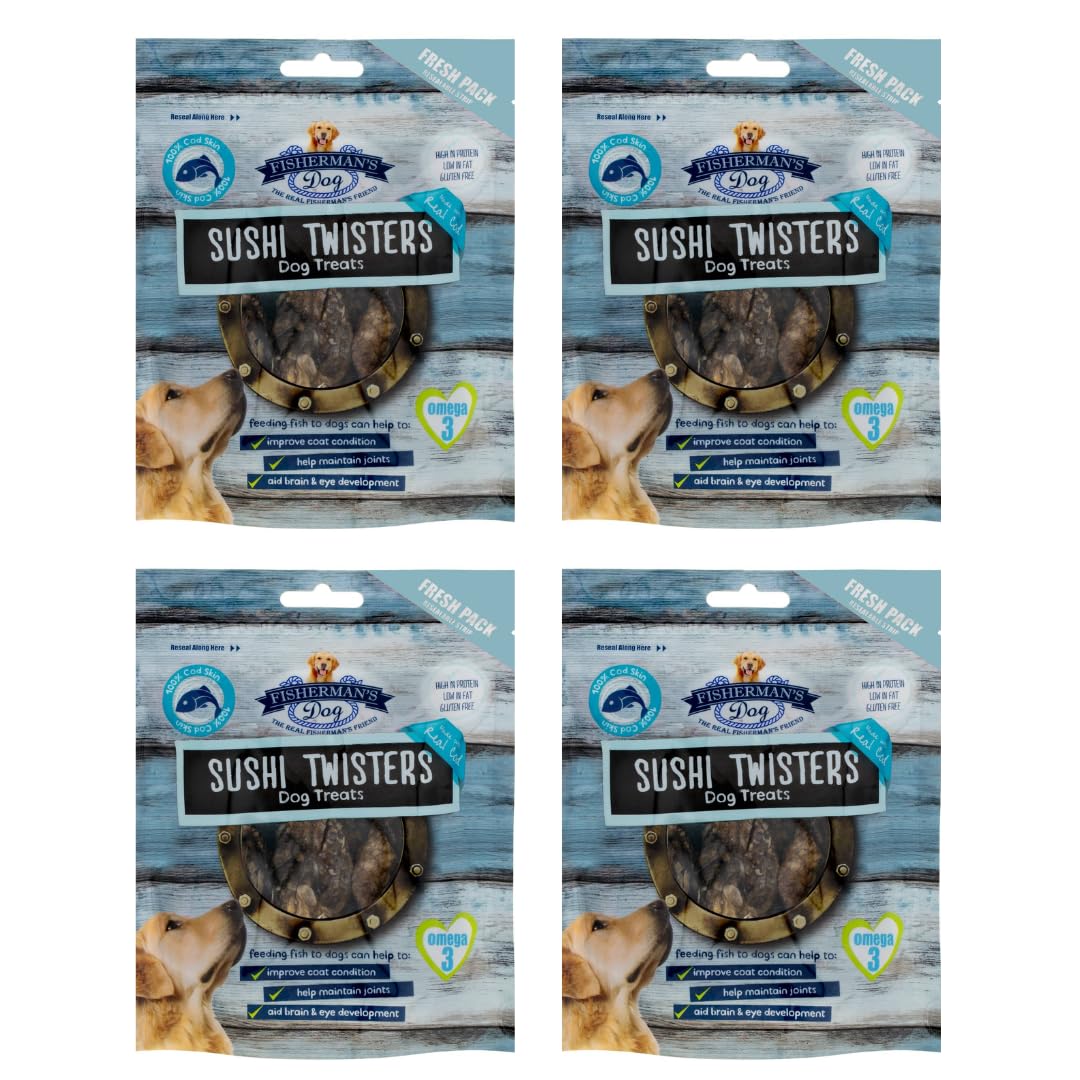 Fisherman Dog Treats 100g - Sushi Twisters - High In Protein Low In Fat And Gluten Free - Dental Health Food - Suitable for All Breeds - Pets Treat For Shiny Coat - Pack of 4
