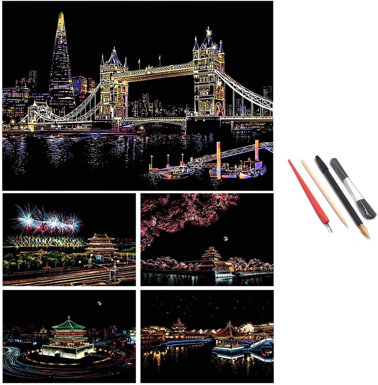 Scratch Art for Adults Kids,Engraving Art Etch Art Scraper Foil Art Paper Holographic Painting Pictures for Adults Kids,Creative Gift Set for Children,Friends,Family,with 4 Tool Set(Tower Bridge)