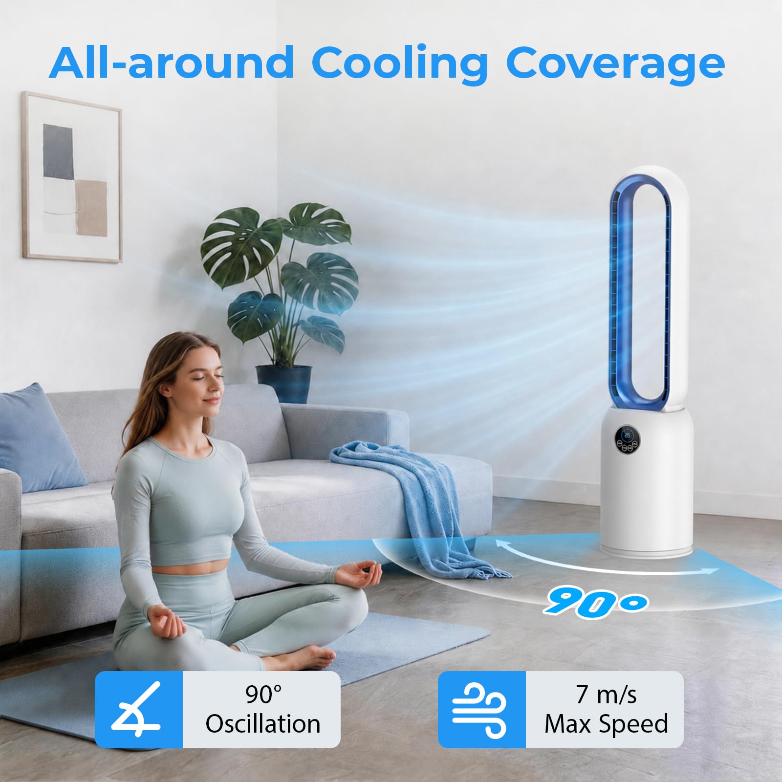 Ventilador de Torre sin Aspas, Ventilador Silencioso de 24 Velocità con purificador de aire HEPA, Timer 12 Ore, Oscillante a 90°, Display a LED y Control Remoto, Portátil, para Dormitorio