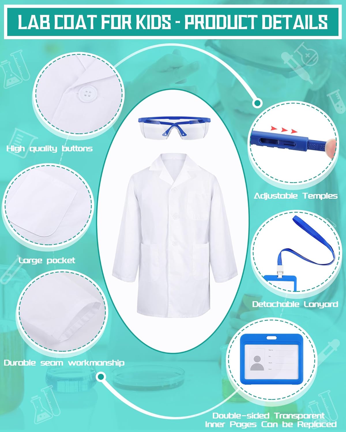 Xtinmee Kids Lab Coat Set Halloween Doctor Costume with Goggles ID Card Kit Science Dentist Doctor Dress Up - Image 3