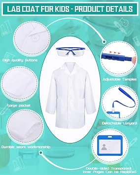 Xtinmee 12 Sets Kids Lab Coat Science Kit Bulk Scientist Dentist Dress Costumes for Children with Goggles ID Cards for Classroom (Medium)