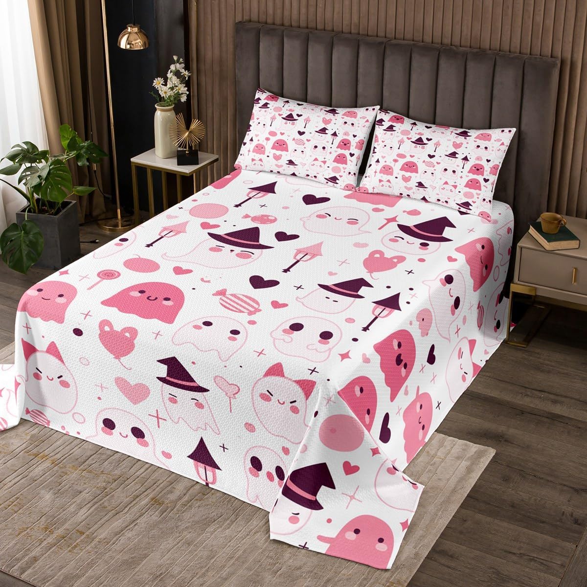 Erosebridal Kids Cute Halloween Decor Quilt Set Queen Size, Pink Halloween Bedspread for Girls Teens Child, Pink Ghost Coverlet, Sweet Candy Sugar Love Heart Bedding Set