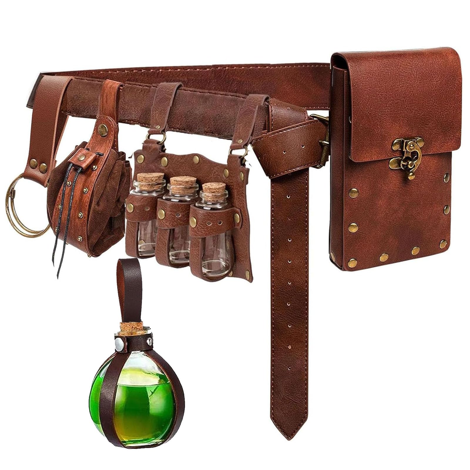 Renaissance Belt Pouch Coin Purse Witch Alchemist Potion Bottle Vilas Hook Set Medieval Pirate Festival Costume Accessories (1-Brown)