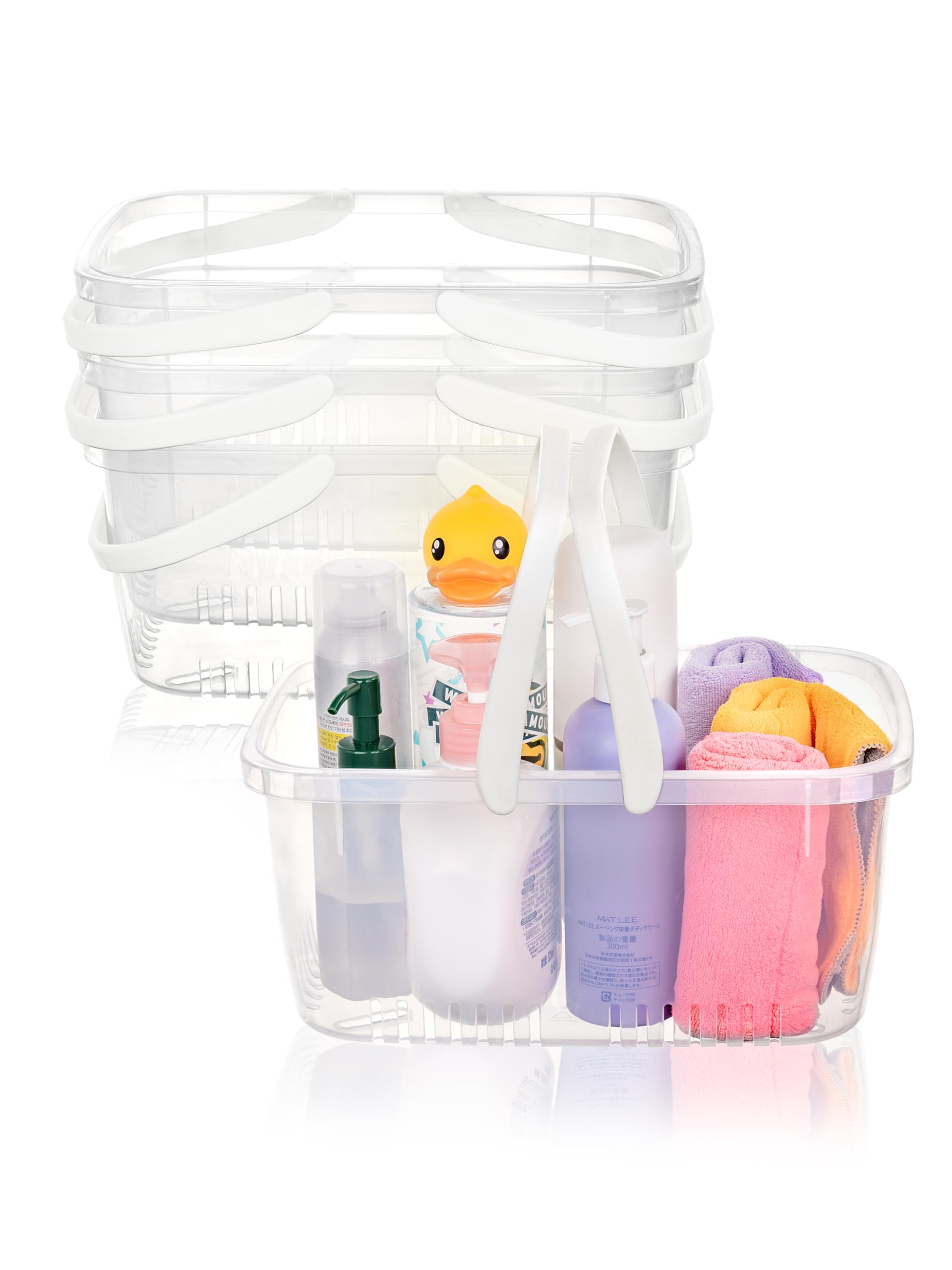 Cetomo Shower Caddy Basket, Plastic Shower Organiser with Foldable Handle, Portable Storage Box with Drainage Holes for Bathroom, Kitchen, Dorm, Shower Gel, Shampoo, Cosmetic, Clear-4 Pack